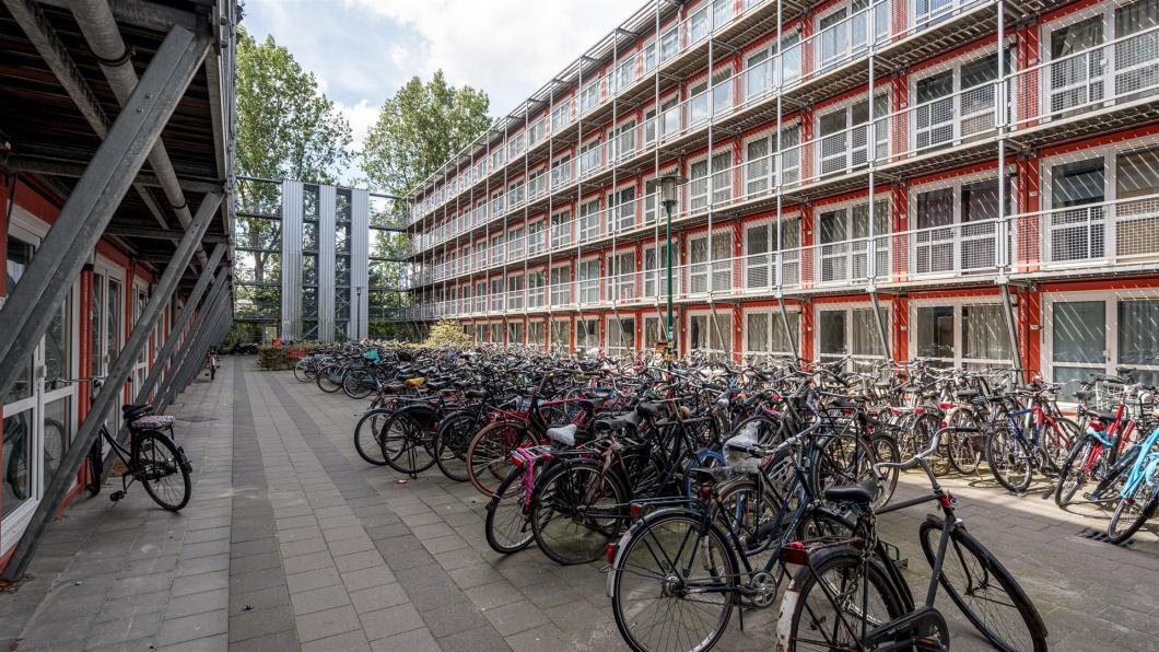 Rij met fietsen voor studentenwoningen