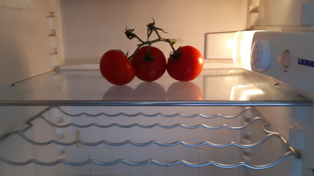 lege koelkast met drie tomaten